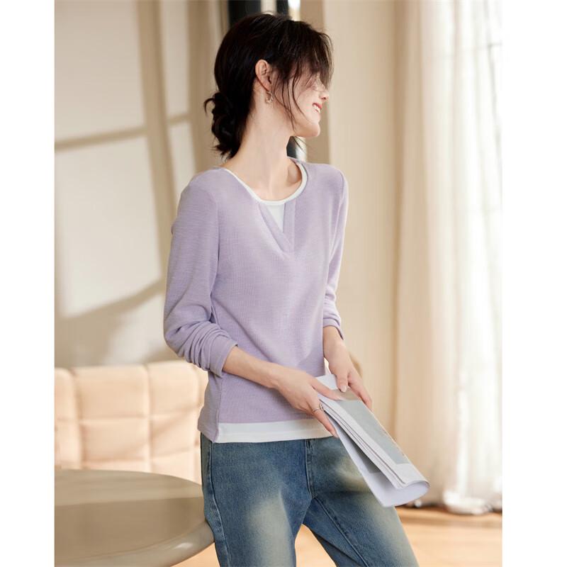 Women's Spliced Color Block Faux Two-Piece Long-Sleeve Tee