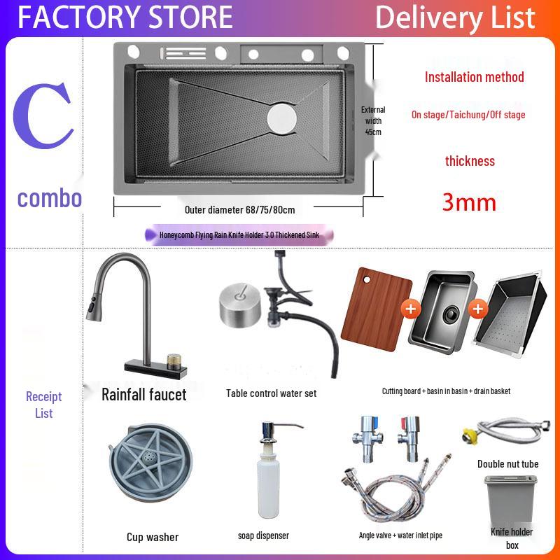 Stainless Steel Kitchen Sink with Large Single Bowl, Honeycomb Design, and Waterfall Knife Holder for Vegetable and Dish Washing