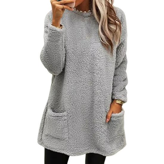 Lady Winter Sweatshirt with Dual Pockets Pure Color Plush Round Neck Loose Mid Length Pullover Top Casual Office Party Workout Sweatshirt