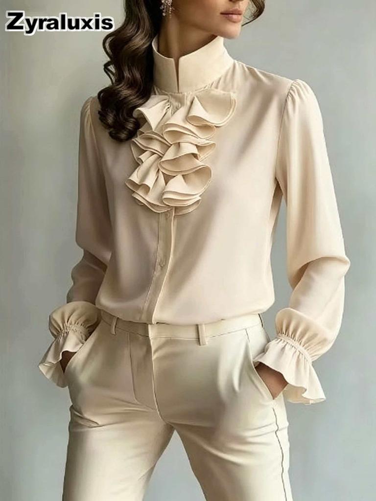 New Style Chic Casual Loose Collar Solid Color Ruffled Shirt for Women