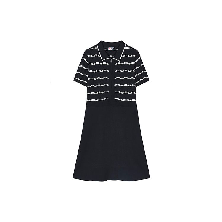 Fila Logo Striped Polo Fashion Elegant Breathable Sports Casual Mid-Length Short Sleeve Dress Women Dresses Legendary-Blue F11W327302F-NV
