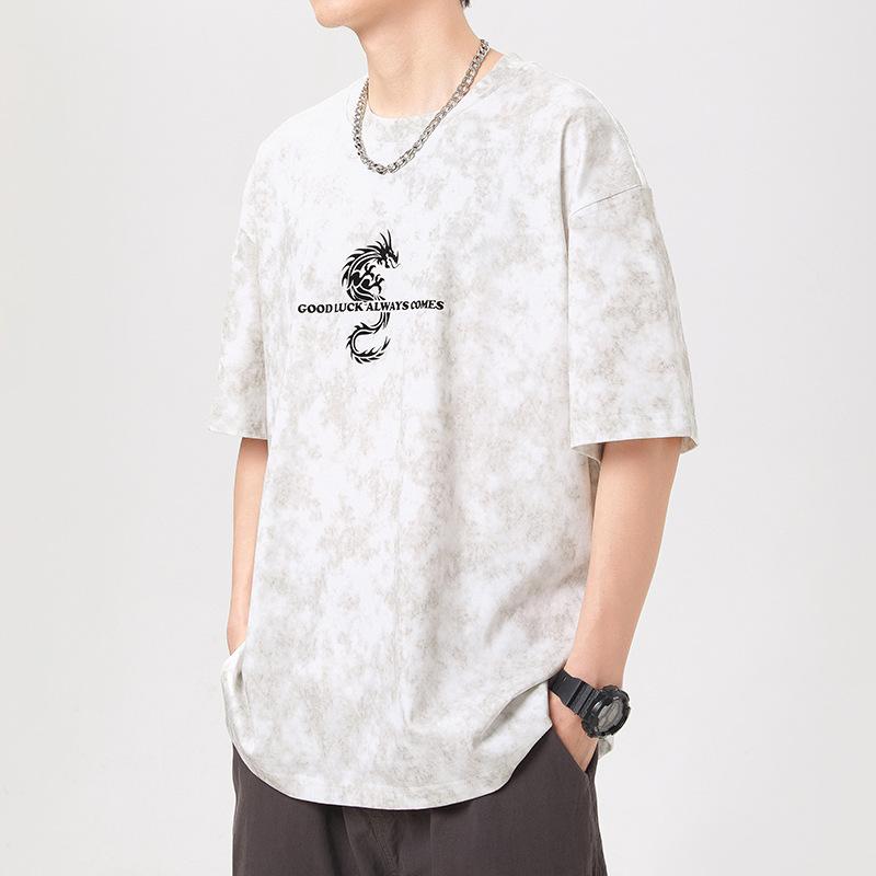 New American High-density Knitted Loose-print Men's T-shirt Short-sleeved