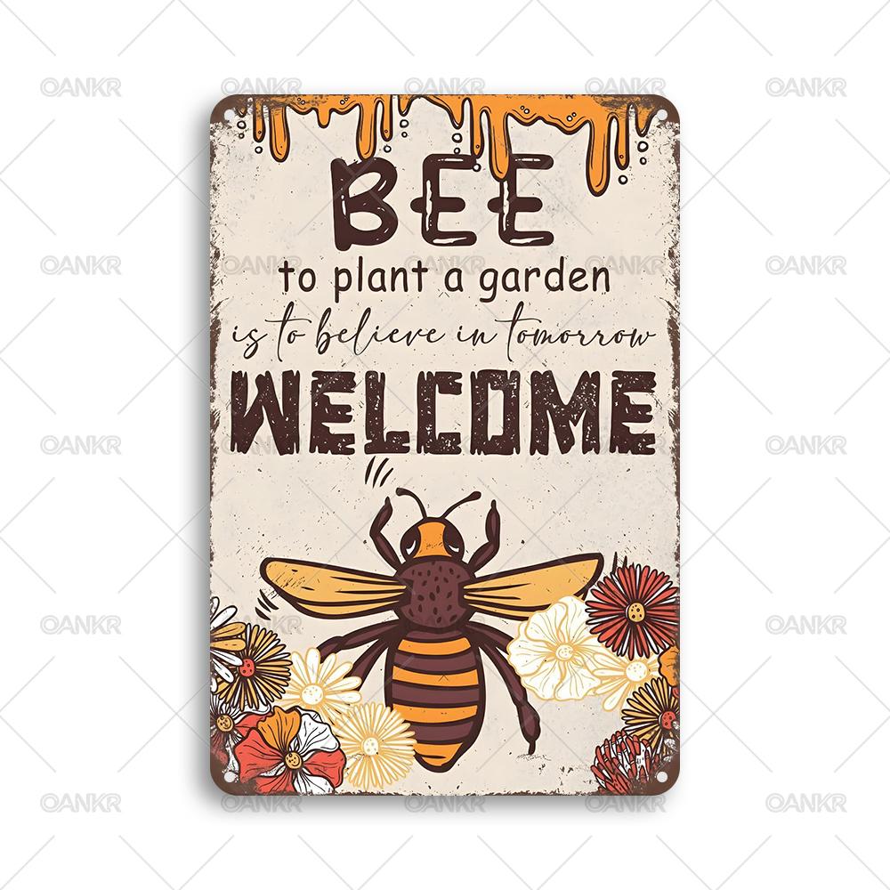 Vintage Sweet Home Decorative Metal Tin Sign Chic Bee Welcome Art Poster Metal Signs for Backyard Garden Decor Accessories