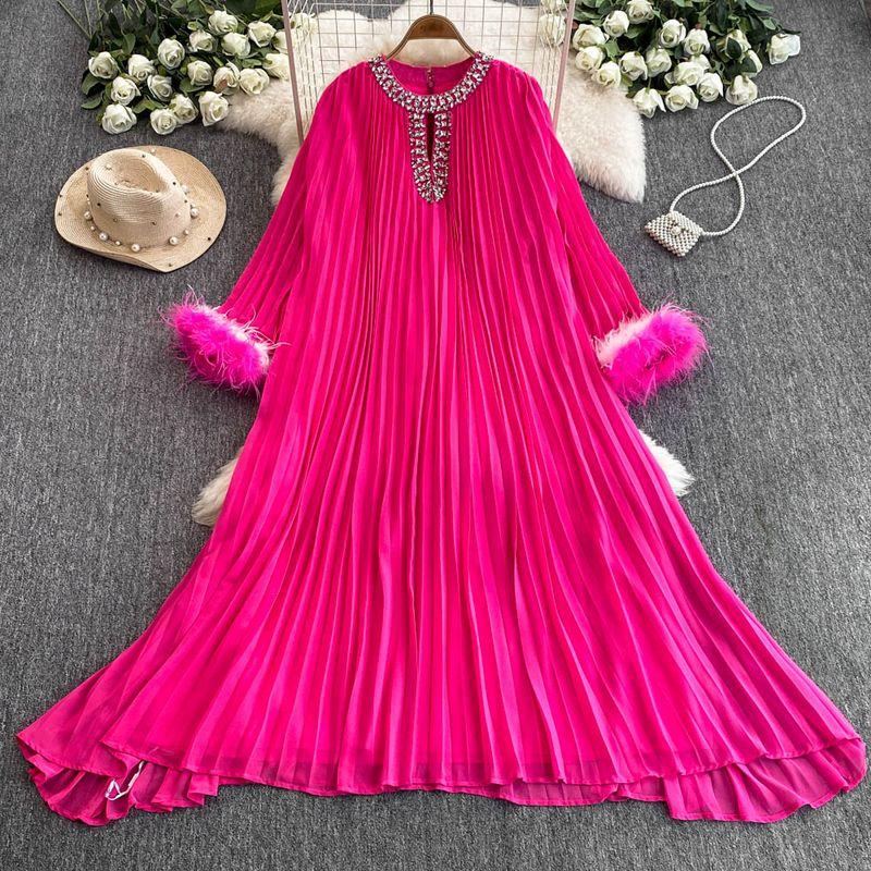 

Южная Корея Шик Осень Новое поступление Французский Ретро Ромбы круглый вырез Свободный Длинный расклешенный рукав Плиссированное платье Женская одежда Rose Red One size