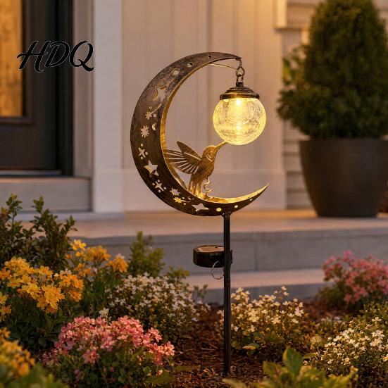 Lawn Solar Lights Moon And Hummingbird Garden Light Outdoor Cracked Glass Ball Stake Decorative Lamp for Yard Waterproof Automatic LED Lighting