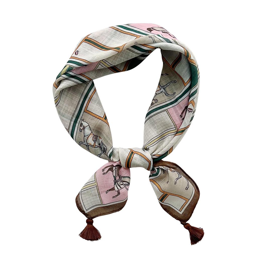 Spring and summer new horse versatile strap spike small square scarf women's Korean version fashion cotton and linen headscarf multi-functional hair t