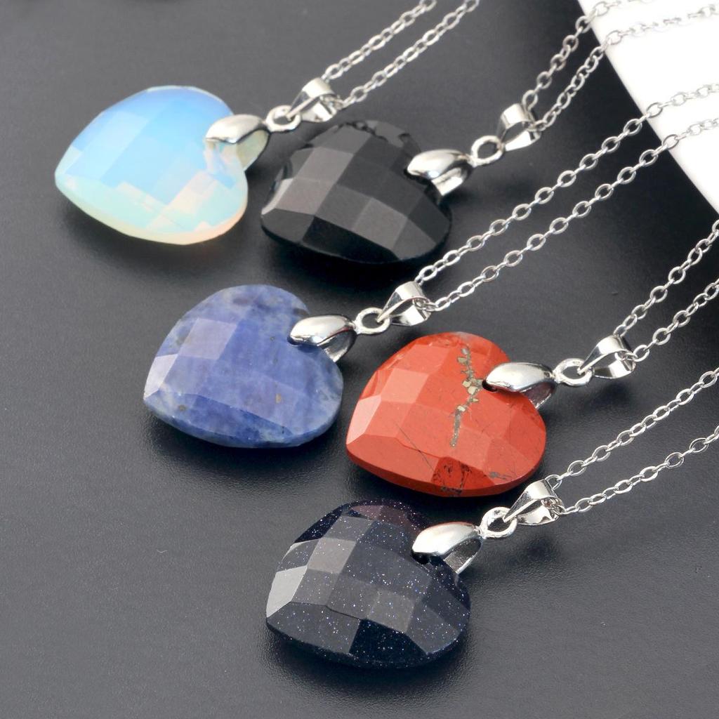 Valentine's Day Crystal Heart Pendant Necklace for Women, Natural Stone & Titanium Steel