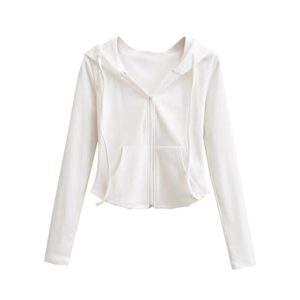 Women‘s Hooded Long Sleeve Slim Fit Zip Up Cardigan Solid Cropped Jacket Top