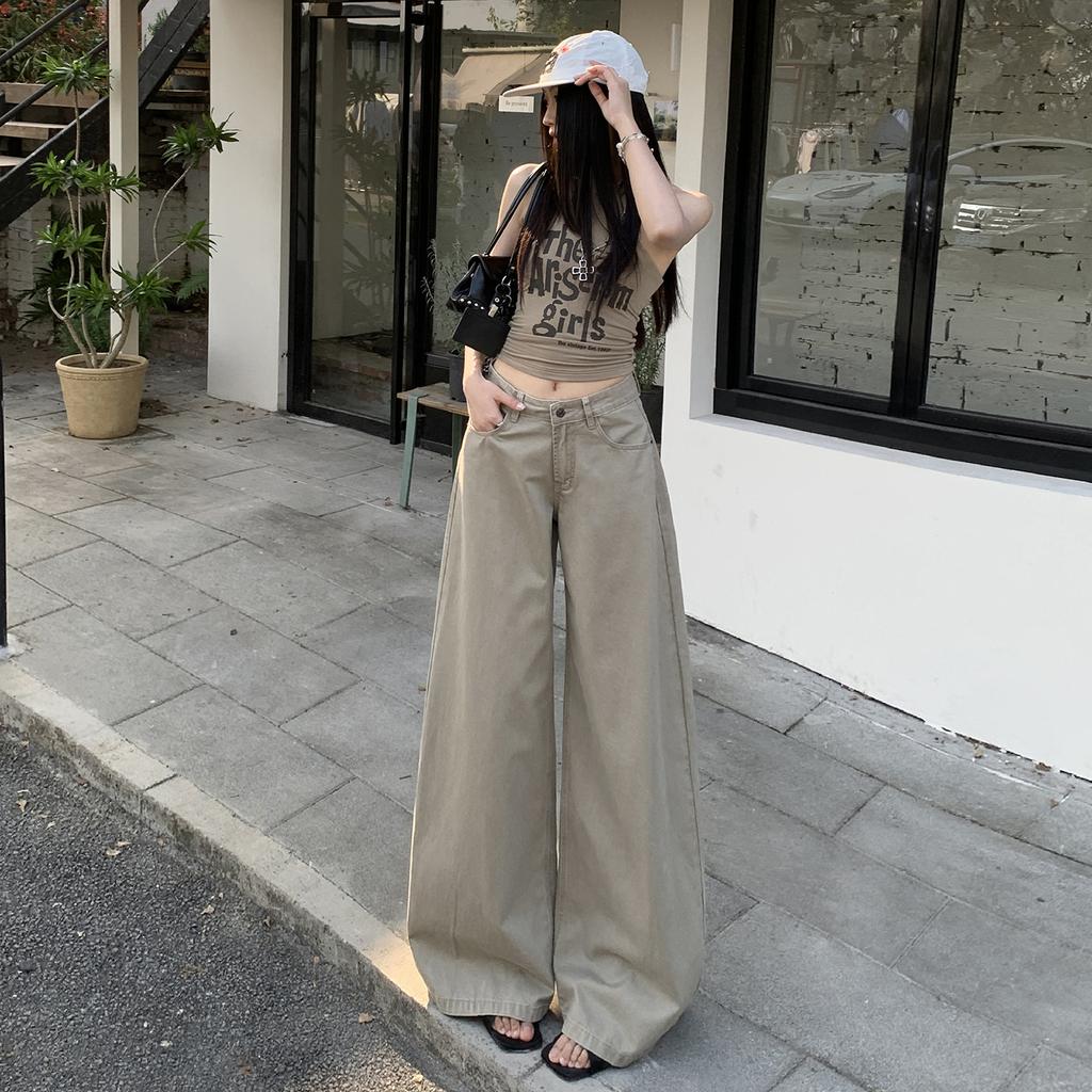 American retro dawn gray wide-leg jeans women's new versatile mid-waist thin loose straight floor pants