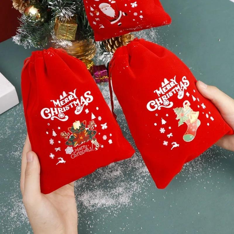 Merry Christmas Velvet Bags Drawstring Pouch Candy Snack Gifts Bag Jewelry Packaging Bags For Christmas New Year Decoration