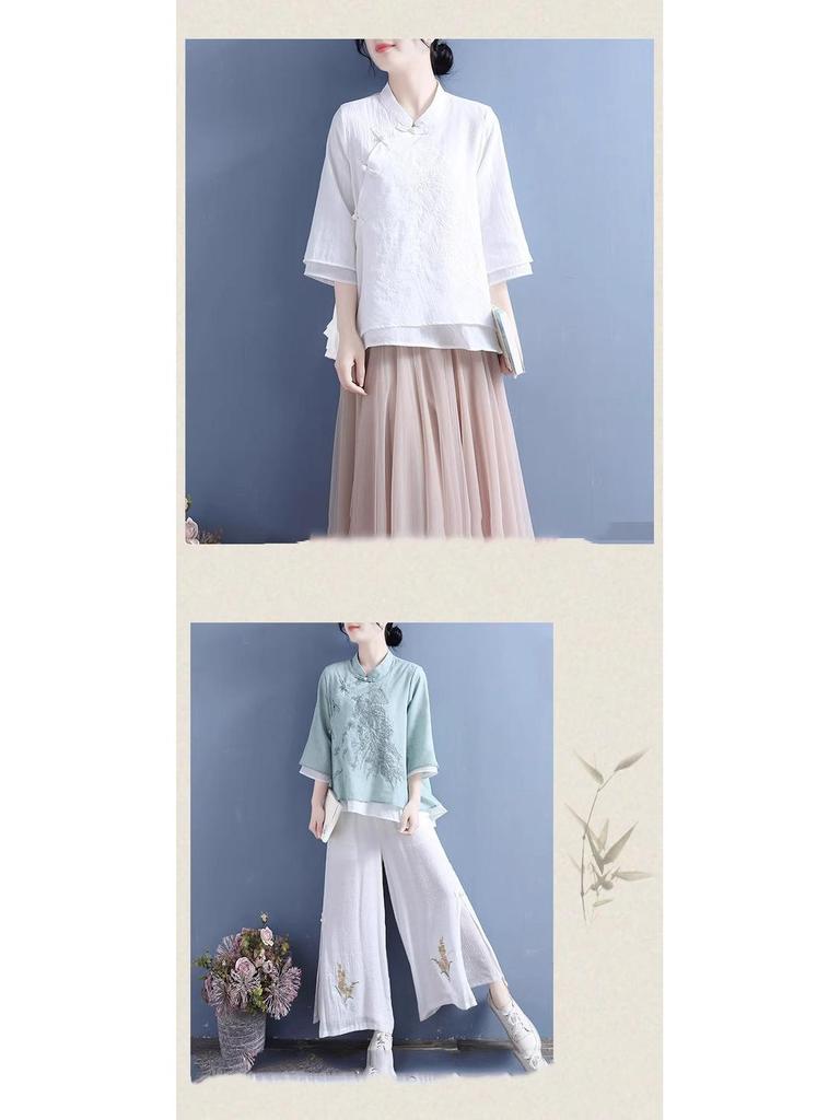 Women's Spring Cotton-Linen Top: Frog Buttons, Embroidered, Oblique Placket, 3/4 Sleeves, Pink/Yellow. Perfect for Tea Ceremonies.