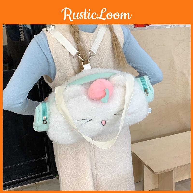 Cat Headphones Cute Plush Backpack With Peach Decoration For Casual Use Daily