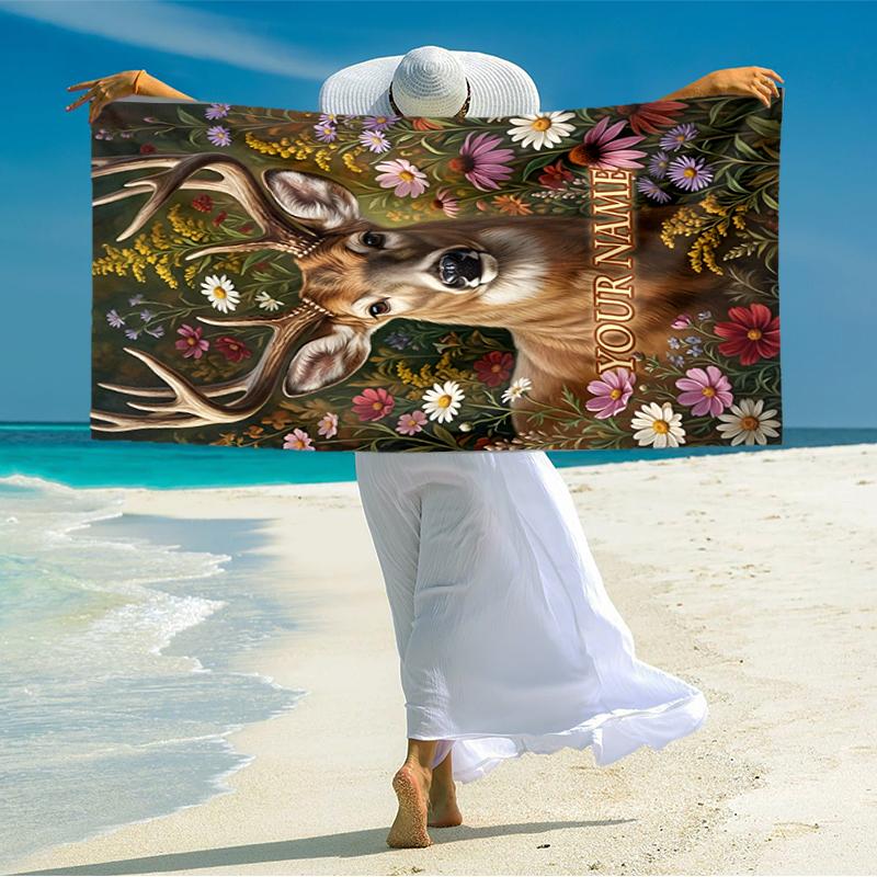 1PC Custom Name Deer Wildflowers Beach Towel Highly Absorbent And Sand-Resistant Towel for Swimming, Pool, Yoga, And Travel Lightweight