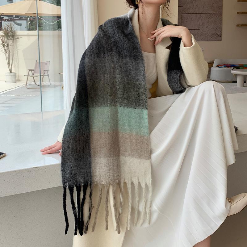 Winter New Scarf Women's Winter Thickened Warm Scarf Colored Plaid Fringed Scarf Shawl Fashionable Outer Cover