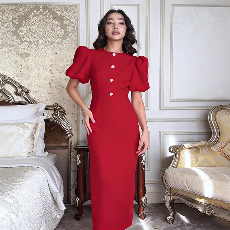 European & American Women's Fashion: Solid Color Round Neck Short Sleeve Buttoned Bodycon Dress (Style 2026)