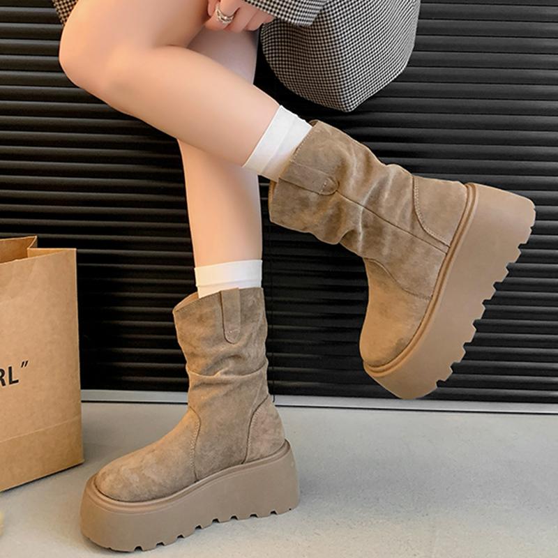 

Замшевые женские ботильоны на платформе, дизайнерские туфли на среднем каблуке, зимняя новинка 2025 года, трендовые нескользящие зимние ботинки для ходьбы Botas De Mujer 35