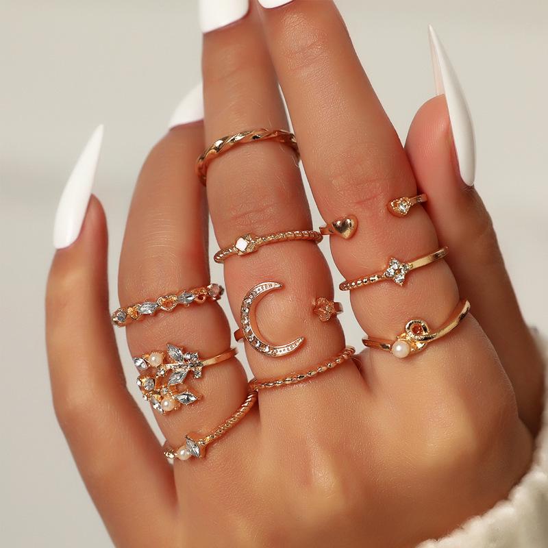 10-Piece Moon, Star, Leaf, and Love Rhinestone Ring Set