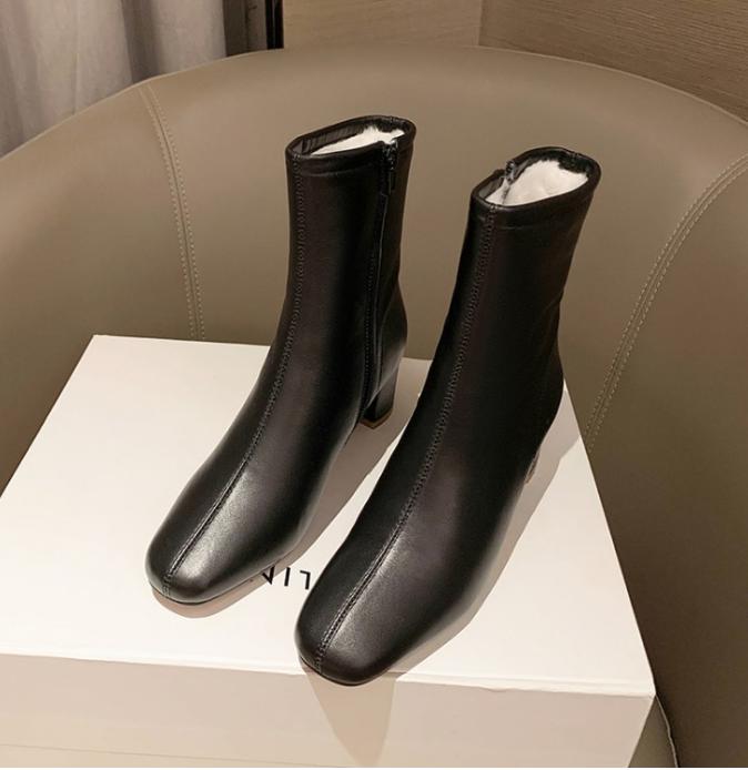 

Comfortable Thiened Winter Velvet Lined Women s Boots Korean High Heel Side Zipper Faion Slim Boots Square Head Cotton Snow Boot 40 чорний