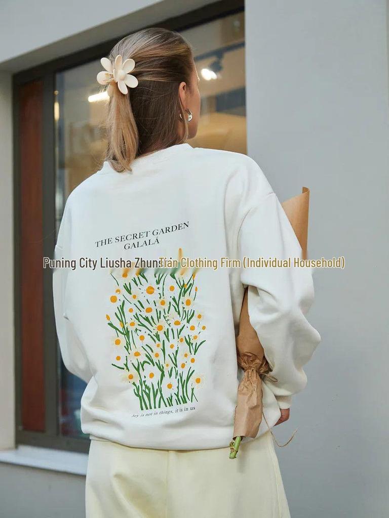 Chic Chrysanthemum Print Round Neck Sweatshirt - Trendy Casual Autumn/Winter Style