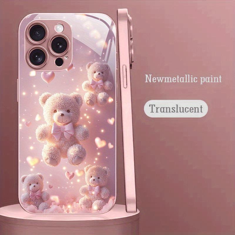 Cute Bear Heart Pattern Pink Metallic Paint Glass Hard Phone Case For iPhone 17Air 11 12 13 14 15 16 17 Pro Max Plus 16E Cover