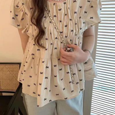Französisches Retro Schleife Puffärmel Plissee Top