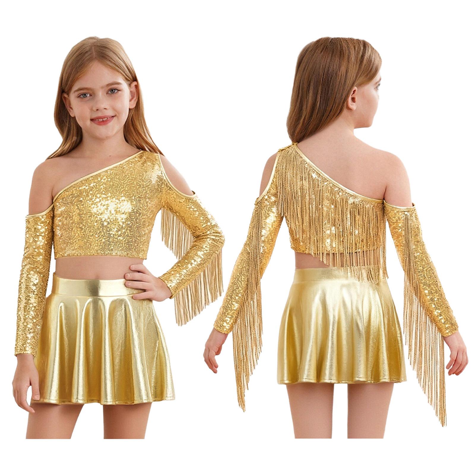 Kinderen Meisjes Hip Hop Jazz Dans Cheerleading Optreden Kostuum Glanzend Lange Mouw Kwastje Pailletten Crop Top met Culottes Danskleding 14 goud