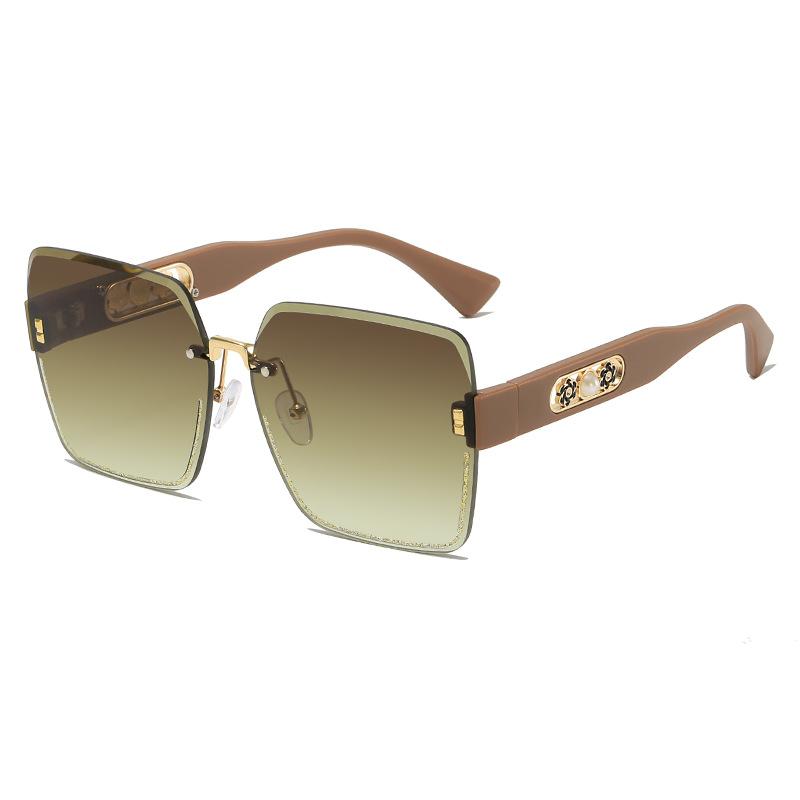 Frameless Trimmed Sunglasses Fashionable Square Large Frame Brown Sunglasses Women'S High-End Pearl Glasses