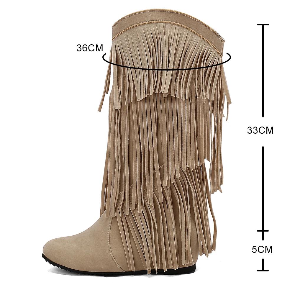 Women's Round Toe Wedges Boots Tassel Winter New Bohemian Flock Mid-calf Boot Female Warm Plush Lined Platform Knee High Boots