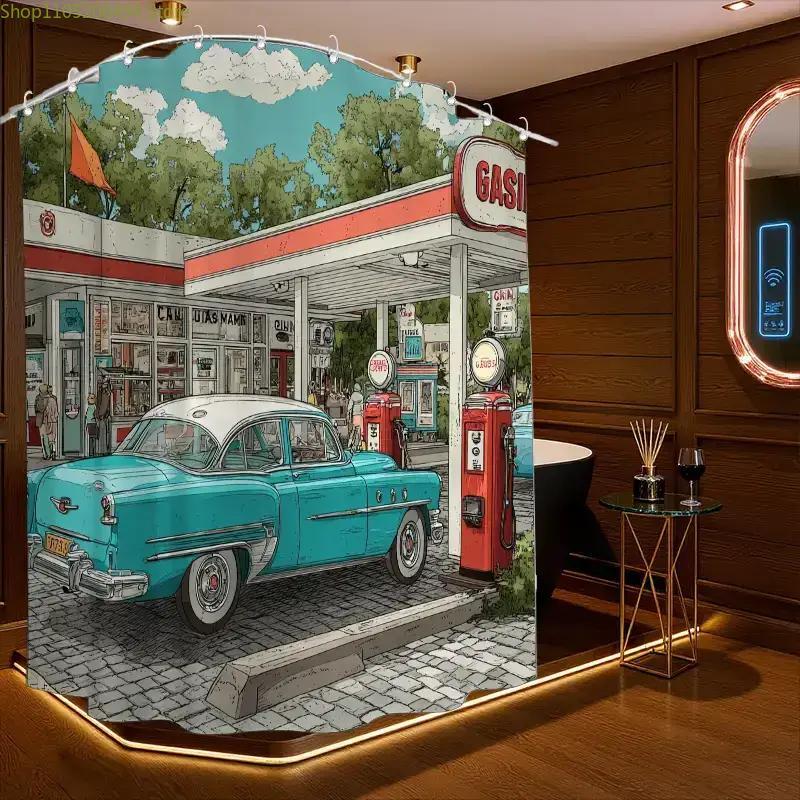 1 Retro Car Show Bathroom Curtain | 180*180cm Polyester Sateen Unlined Curtain with 12 Hooks, All-season Home Decor