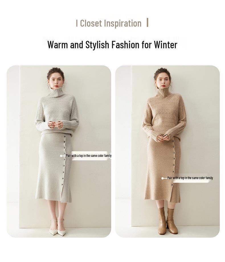 2025 Autumn/Winter Women's Cashmere Sweater & Slimming Knit Midi A-Line Skirt Set