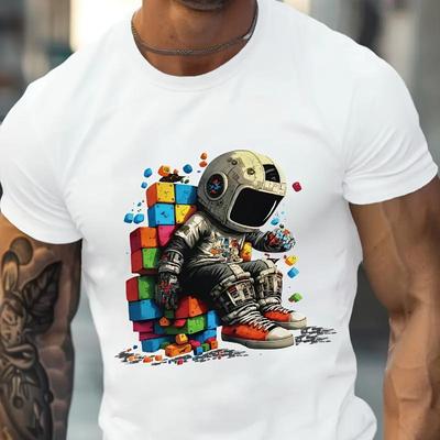 Astronaut With Rubik's Cubes T-Shirt,Soft Breathable & Fade-Resistant, Classic Fit for Daily Casual Wear