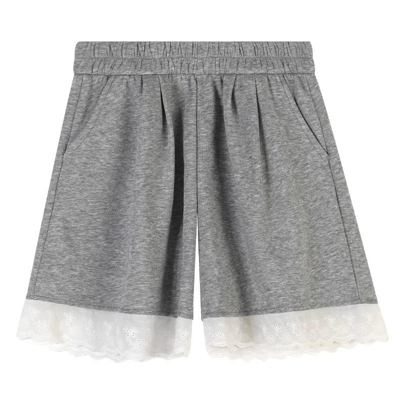 2025 Women's Gray Lace-Trim High Waist Wide-Leg Summer Shorts