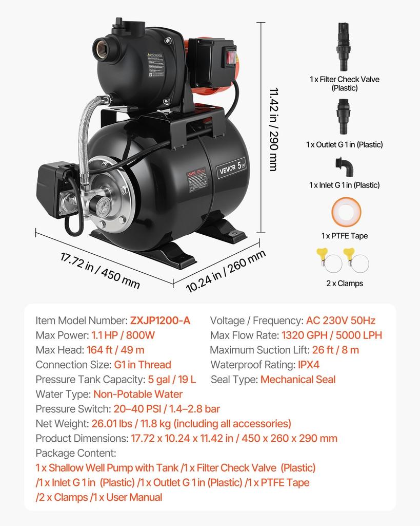 1,1 PS Flachbrunnenpumpe mit Druckbehälter, 230V 5000 LPH, Kunststoff-Bewässerungs-Jetpumpe mit 19 L Tank, Automatisches Wasserversorgungs- und Transfer-System,