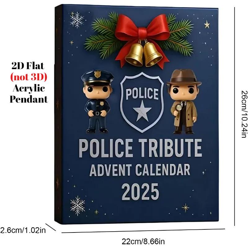 2D Plochý Akrylový Vzpomínkový Adventní Kalendář Policie 2025, 24 Dní Vánoční Odpočítávací Kalendář s 24 Dekoracemi s Policejní Tematikou, Vánoční Dárek pro Policii