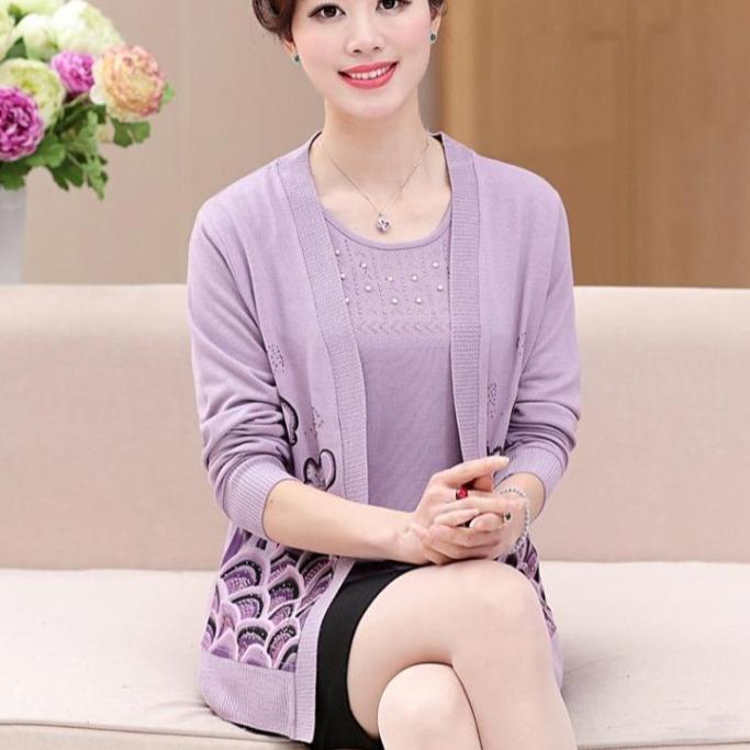 

Женский вязаный кардиган из 2 предметов, весна/лето-осень + трикотажная футболка с коротким рукавом, комплект из двух предметов, большой размер, открытая спереди трикотажная куртка 3XL светло-фиолетовый