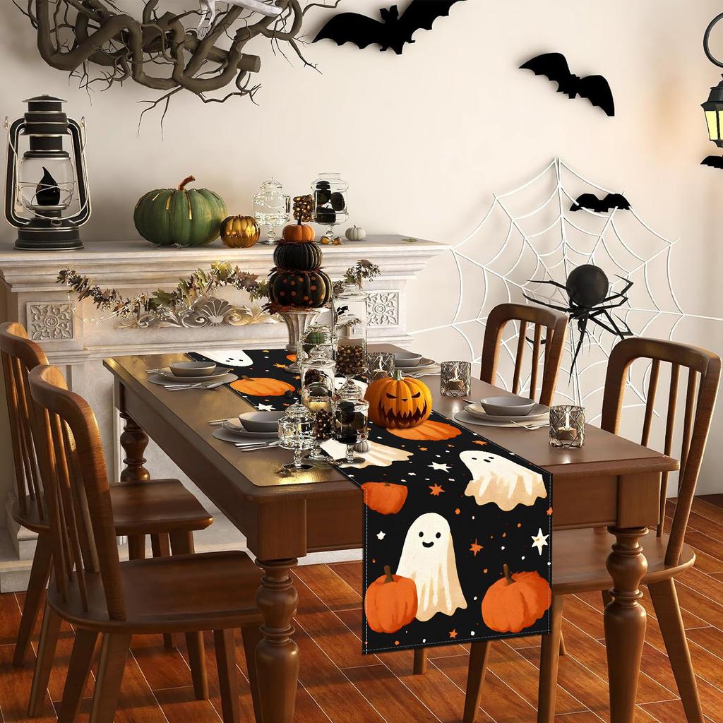 1pc Black Halloween Table Runner with Ghost Pumpkin Pattern Dustproof Durable Tablecloth for Halloween Kitchen Dining Decoration