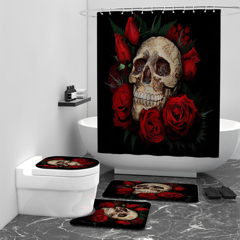 Halloween Skull Pattern Digital Printing Shower Curtain Bathroom Partition Curtain Four-Piece Set Floormat40x60cm