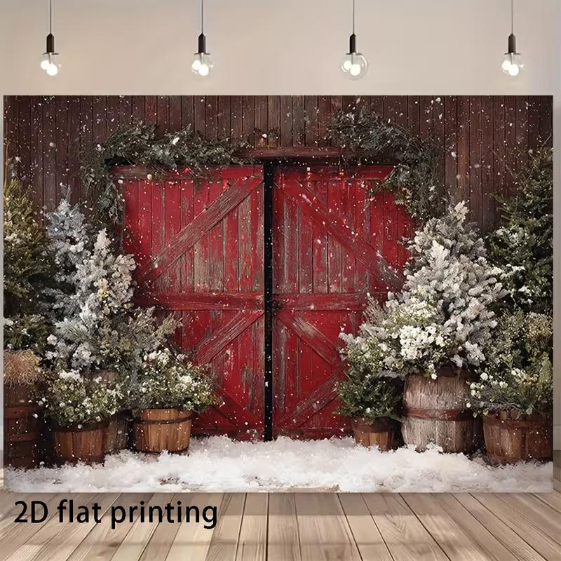 

2D Rustic Christmas Backdrop, Red Wooden Door & Evergreen Decorations 47.2x31.5inch/120*80cm