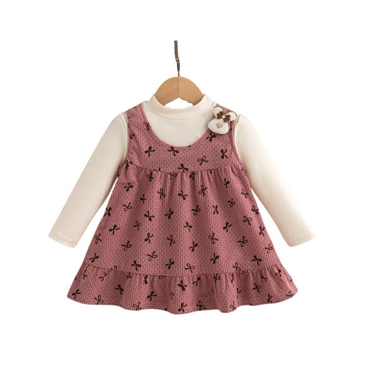 Girls' autumn new 2025 Korean version of infant fake two-piece dress long-sleeved cute rabbit print princess dress