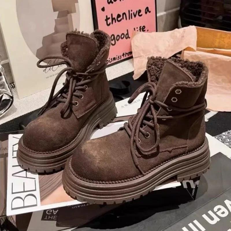 

Женские ботильоны на платформе, зимние ботинки на плоской подошве, меховые замшевые туфли, женская зимняя трендовая обувь 2025 года, плюшевые теплые спортивные туфли «Челси» на толстой подошве, женские ботинки 38