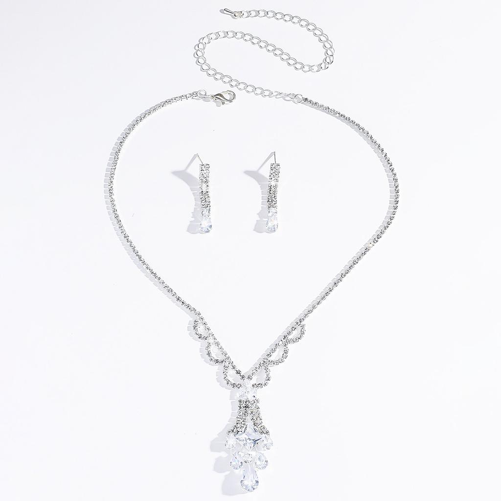 3PC Women's Fashion Copper Inlaid Zircon Claw Chain Geometric Water Drop Necklace Earring Set Wedding Party Festival Gift