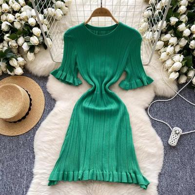 Elegant O-neck Short Sleeves Chic Ruffle Vintage Knitted Slim Long Dress French High Street Women Autumn Winter Elastic Clothing