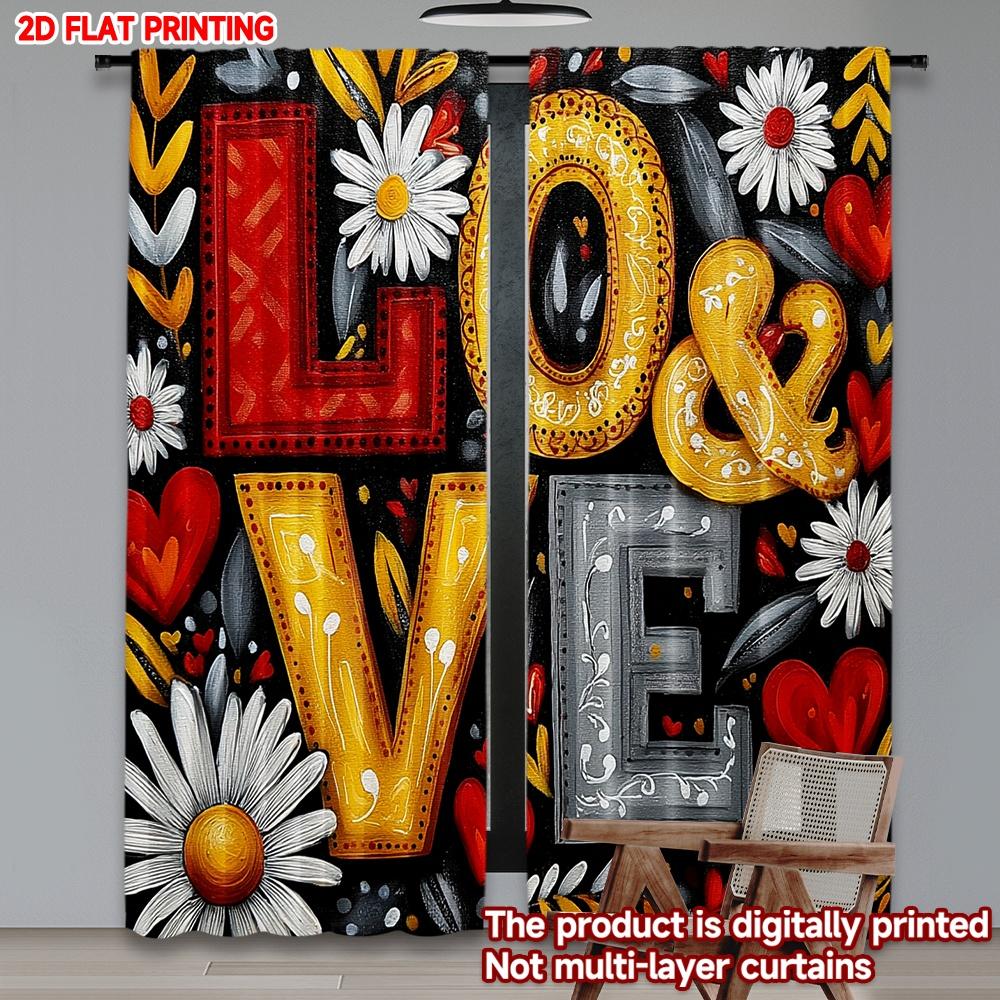 2pcs LOVE Floral Curtains    3D Embossed Letters with Daisies Hearts On Black Background for Romantic Bedroom Decor