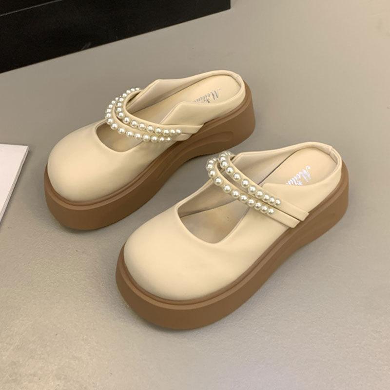 Pärlfranska Mary Jane-skor med tjocksula och en rem, halvtofflor för kvinnor för vår och sommar, ytterkläder 2025 nya coola tofflor