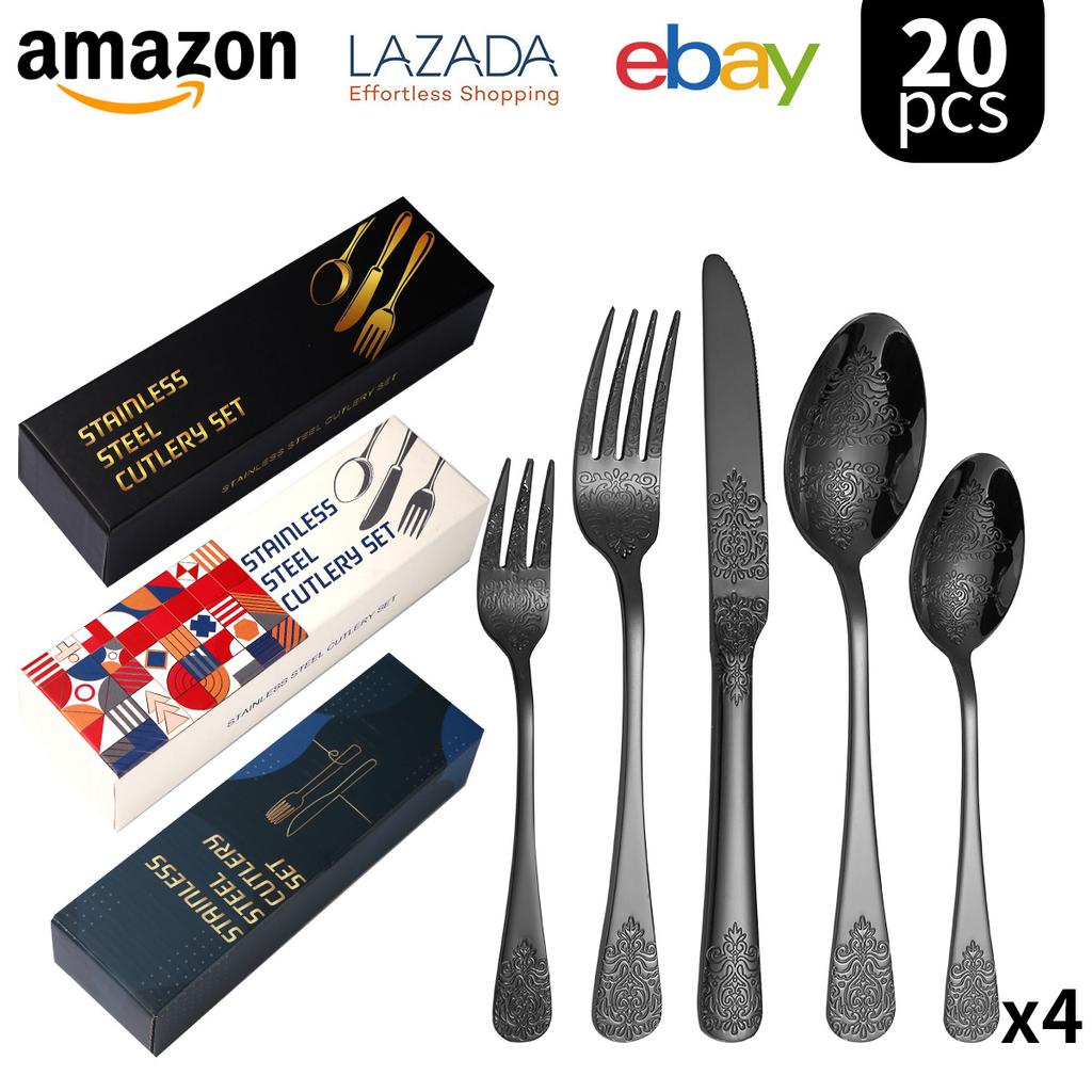 Double-Headed Flower Pattern Tableware Knife, Fork and Spoon 430 Stainless Steel Advanced Western Tableware 5 Main Pieces Suit