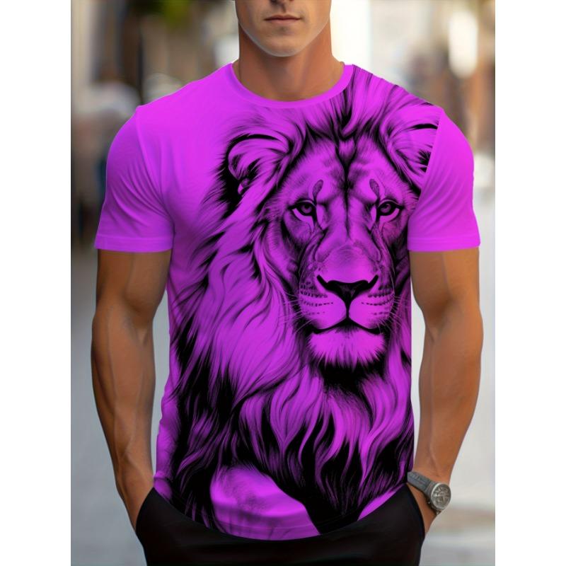 Black Sketch Lion Head Printed T-Shirt for Men Cool Animal Graphic Short Sleeve Tees Trendy Casual Round Neck Red Base Creative Streetwear Punk Top