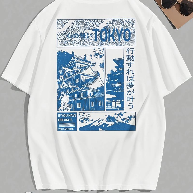 Men's Casual Versatile Letter and Landscape Print Round Neck Short Sleeve T-Shirt, Summer Outdoor Sports Short Sleeve