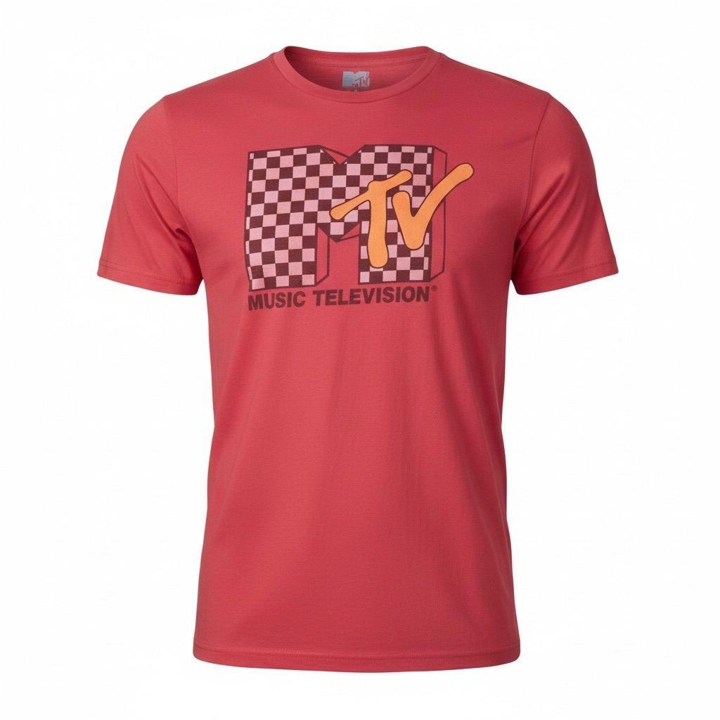 MTV Men s Red Retro Checkered Logo Graphic T-Shirt Size L Short Sleeve S