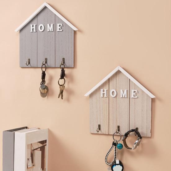 Wall Mount Key Holder Wooden House Shaped Keychain Organizer with 3 Hooks Rustic Key Rack for Entryway Bathroom Hallway Kitchen