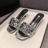 2025 New French Rhinestone Sequined Slippers Female Summer Wear Thick Low High Heel Fairy Style Silver Sandals